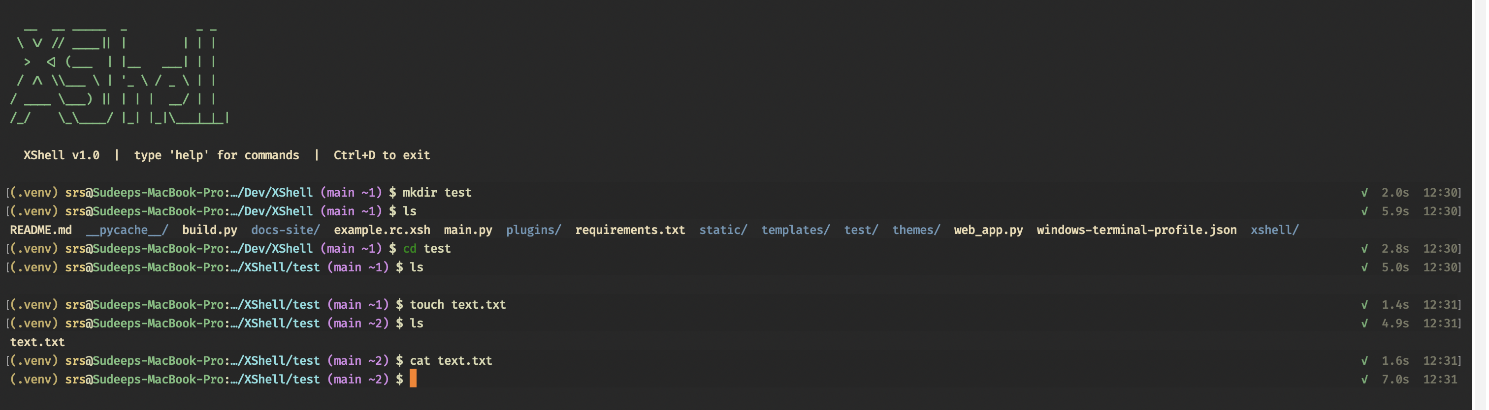 Native XShell: mkdir cd touch cat workflow