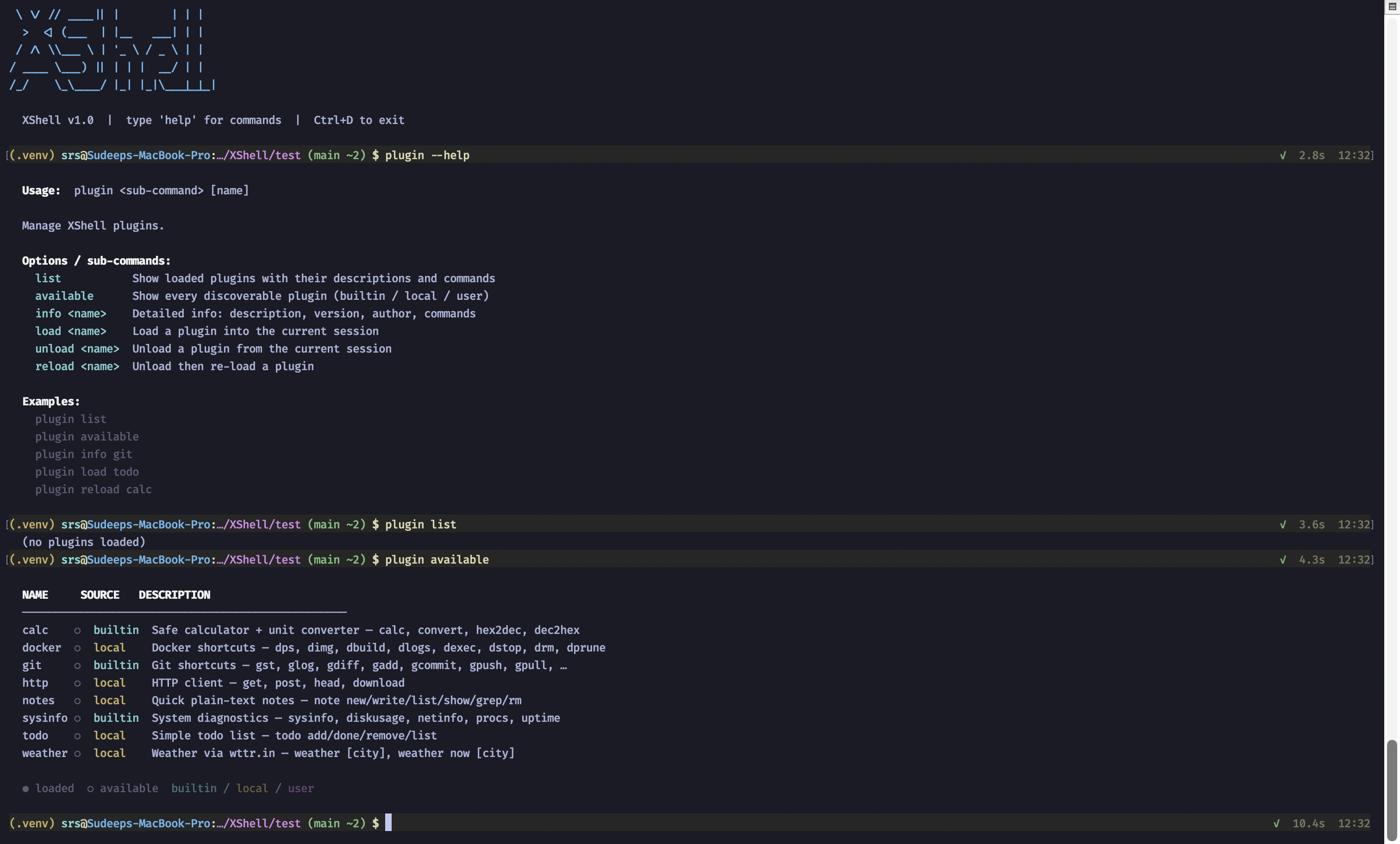 Native XShell: plugin available table