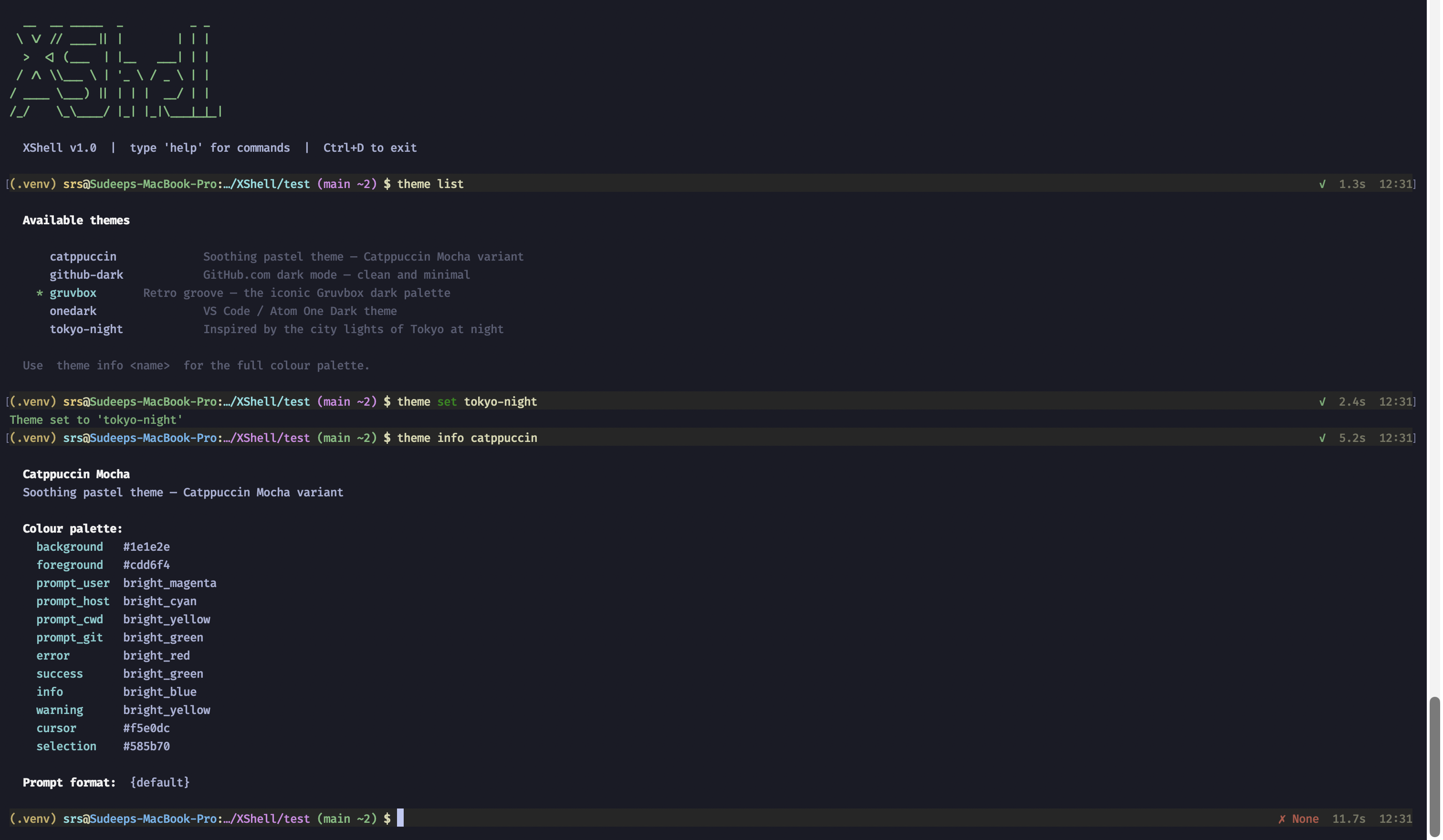 Native XShell: theme list set and theme info catppuccin