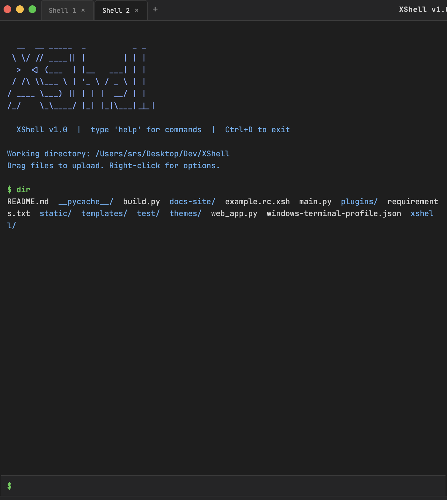 Web XShell: dir output project root