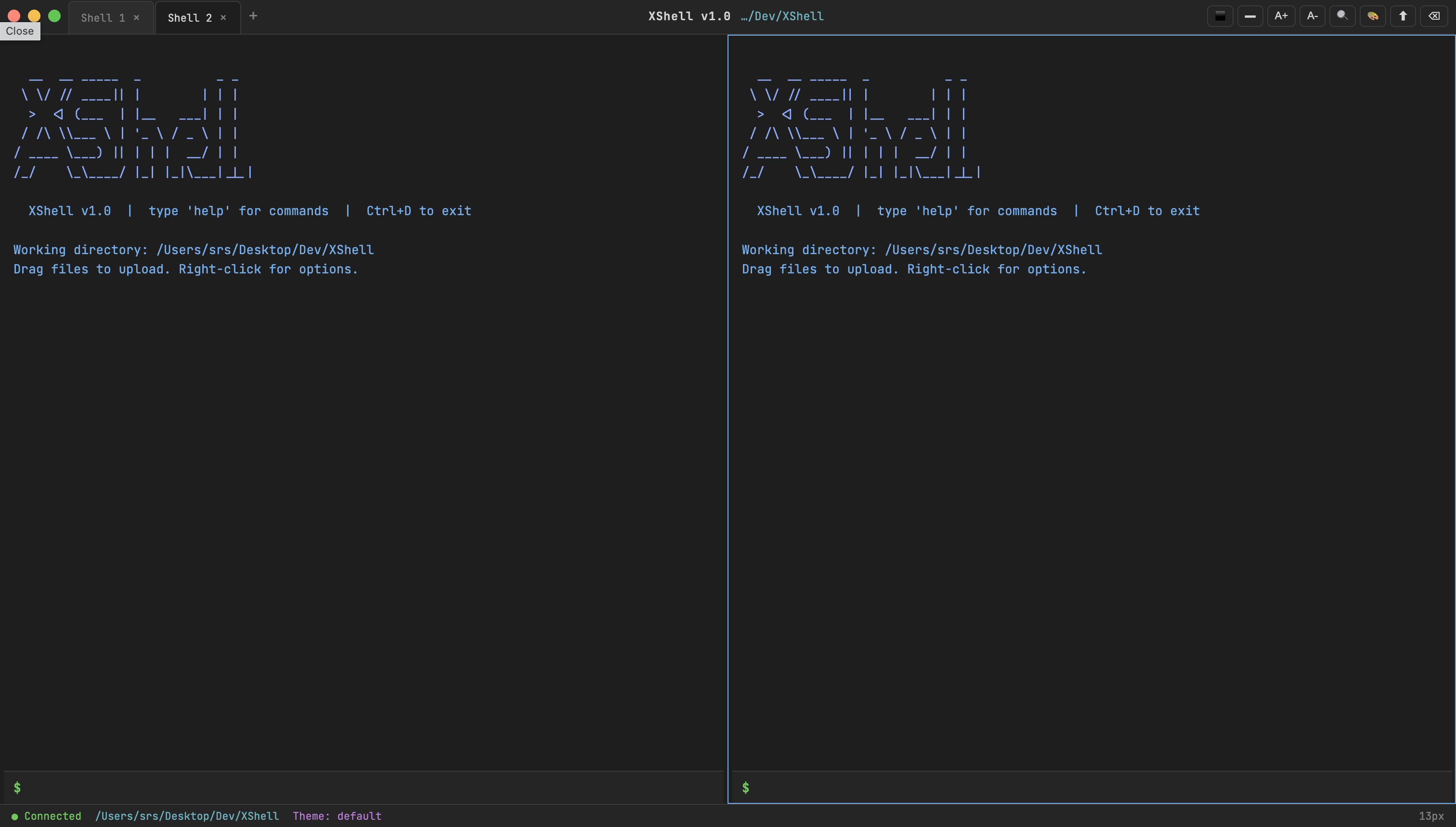Web XShell: vertical split two panes